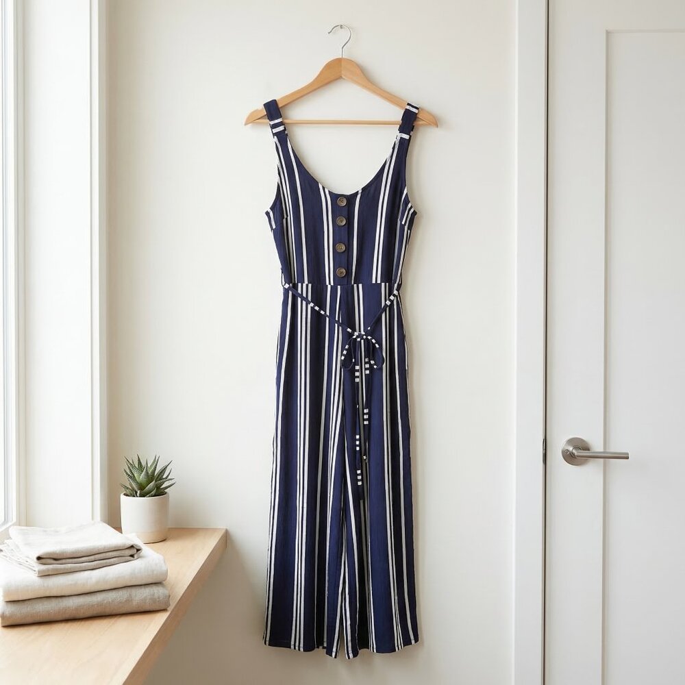 Navy & White Striped Wide Leg Jumpsuit - Size S